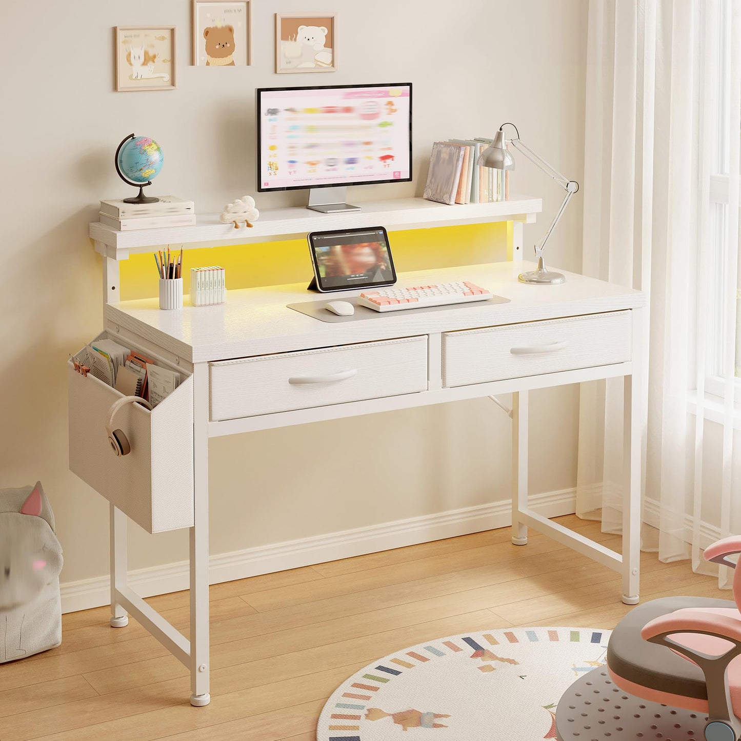 DurayLoly Computer Desk with 2 Drawers & LED Lights