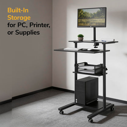 Mobile Stand Up Desk Adjustable Height Rolling Workstation with Monitor Arm Presentation Cart Computer Desk