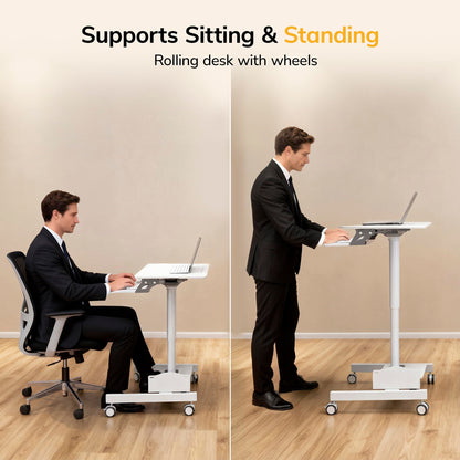 Height Adjustable Mobile Computer Cart Rolling Workstation with Keyboard Tray Storage Shelves Locking Wheels Office Classroom Home Stand
