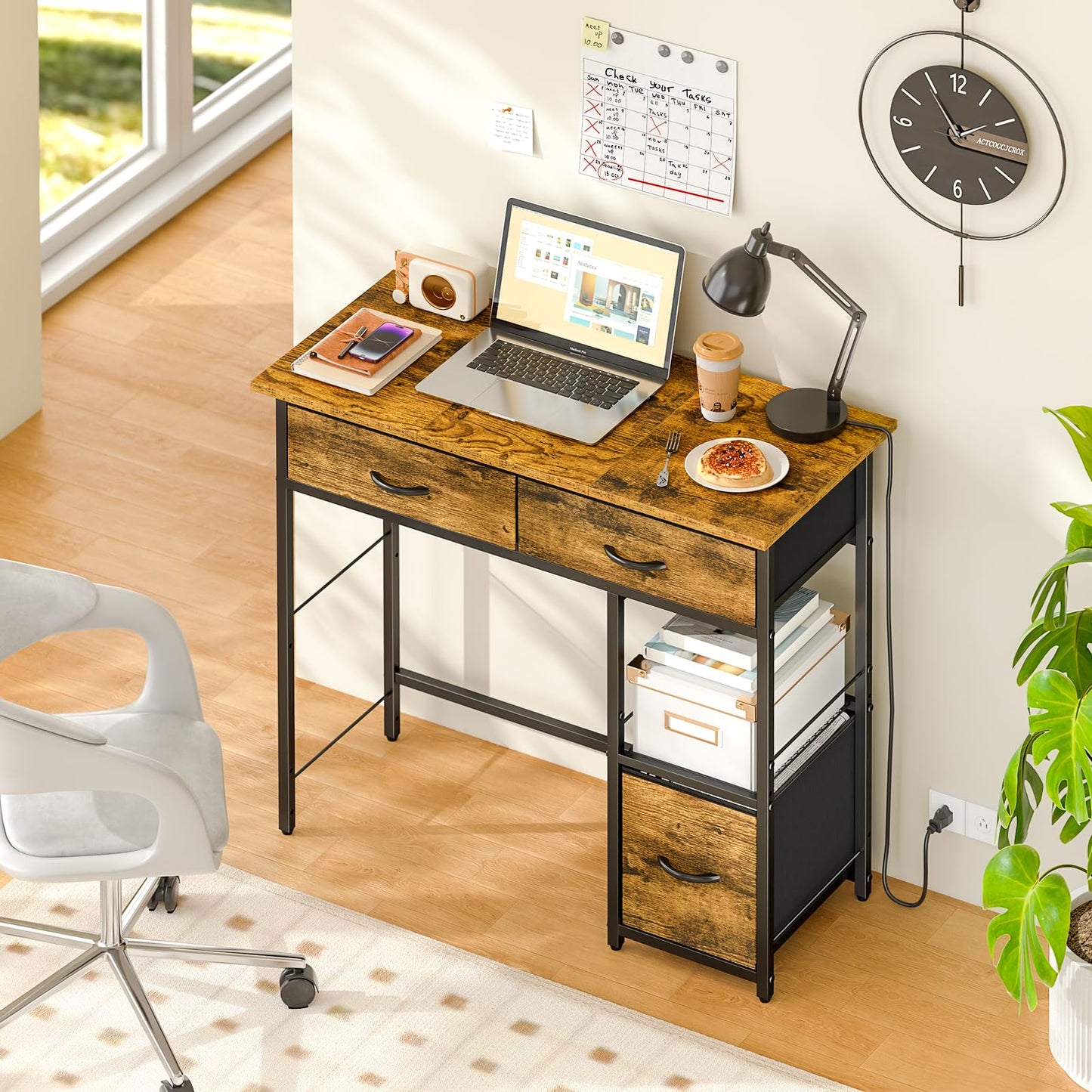 Small Computer Desk with Fabric Drawers Storage Shelf Compact Home Office Study Desk Rustic Brown