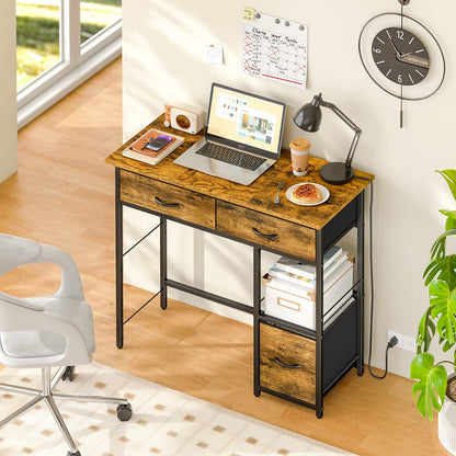 Small Computer Desk with Fabric Drawers Storage Shelf Compact Home Office Study Desk Rustic Brown
