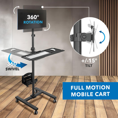 Rolling Mobile Computer Cart Adjustable Monitor Mount Keyboard Tray CPU Holder Standing Workstation Up to 32 Inch Screen