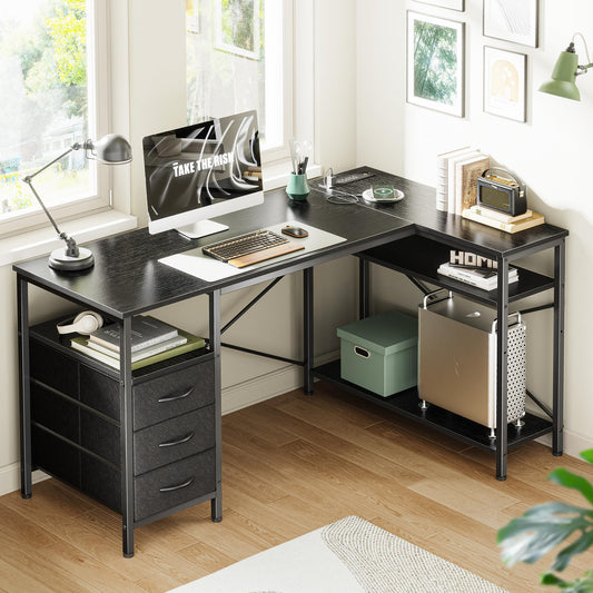 L Shaped Corner Desk with Power Outlets Drawer Shelf Reversible Home Office Computer Desk