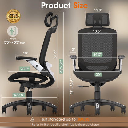 GABRYLLY Ergonomic Office Chair, High Back Mesh Desk Chair with Adjustable Headrest, Flip-Up Arms, Tilt Lock Function, Lumbar Support and Comfy Seat, Swivel Computer Task Chair