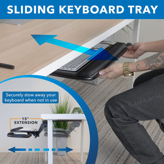 Full Motion Under Desk Keyboard Tray Adjustable Height Tilt Swivel Ergonomic Slide Out Platform with Wrist Rest Drawer Mount Workstation