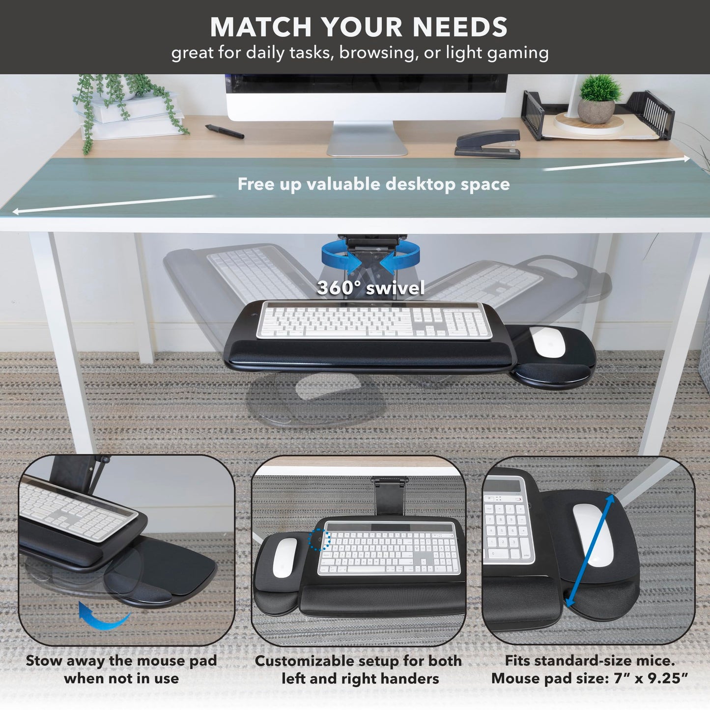 Full Motion Under Desk Keyboard Tray Adjustable Height Tilt Swivel Ergonomic Slide Out Platform with Wrist Rest Drawer Mount Workstation