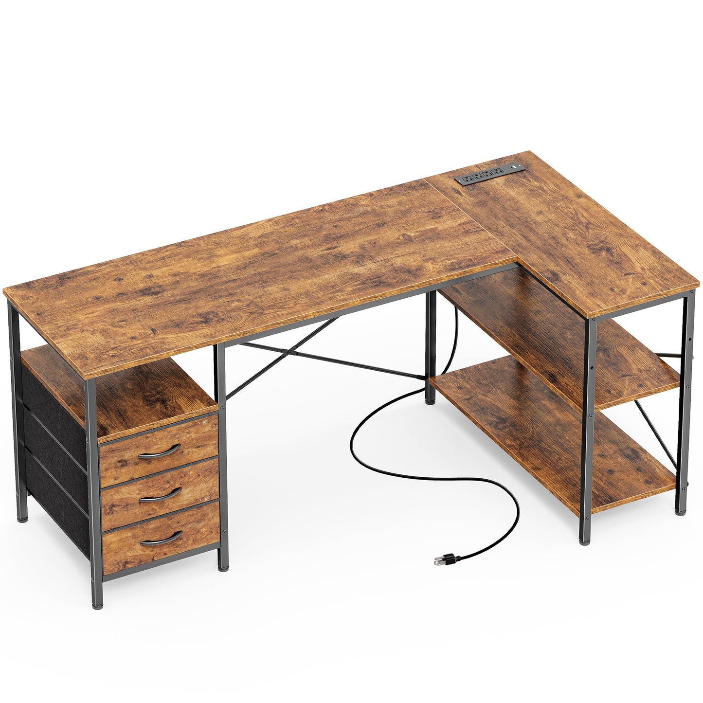 L Shaped Corner Desk with Power Outlets Drawer Shelf Reversible Home Office Computer Desk