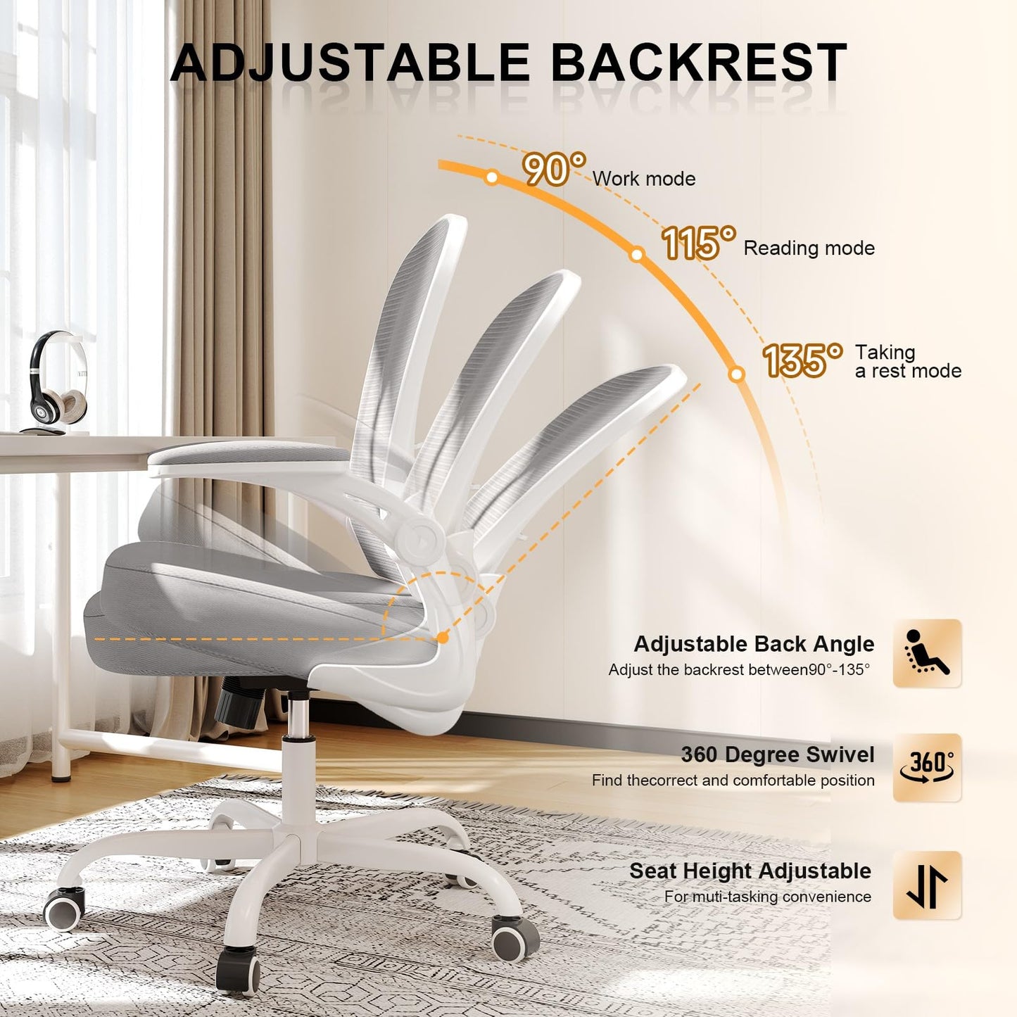 High Back Mesh Office Chair 330LBS Flip-Up Arms Lumbar Support