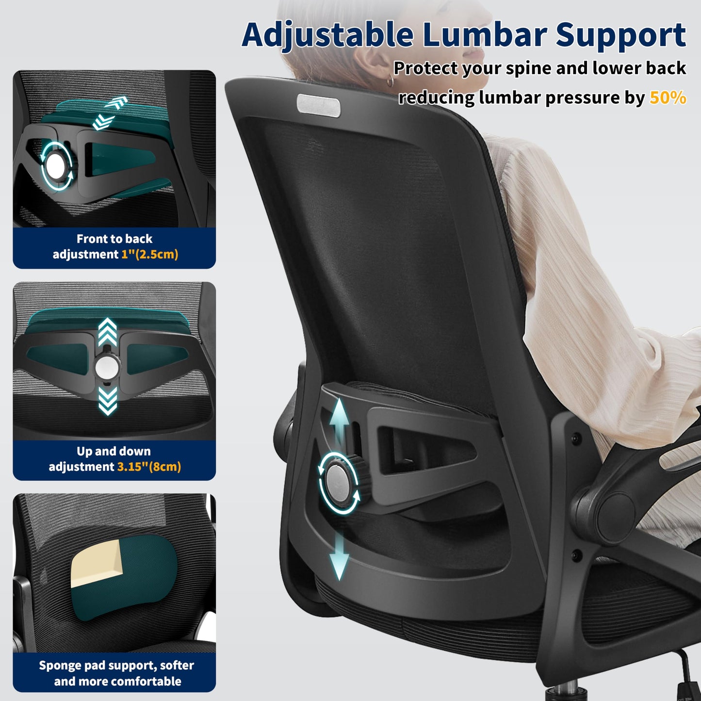 Ergonomic Mesh Office Chair with Adjustable Lumbar Support and Flip-Up Arms Executive Task Chair