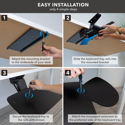 Full Motion Under Desk Keyboard Tray Adjustable Height Tilt Swivel Ergonomic Slide Out Platform with Wrist Rest Drawer Mount Workstation