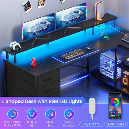 L Shaped Gaming Desk with Storage Drawers LED Lights Power Outlets Corner Home Office Desk Shelves