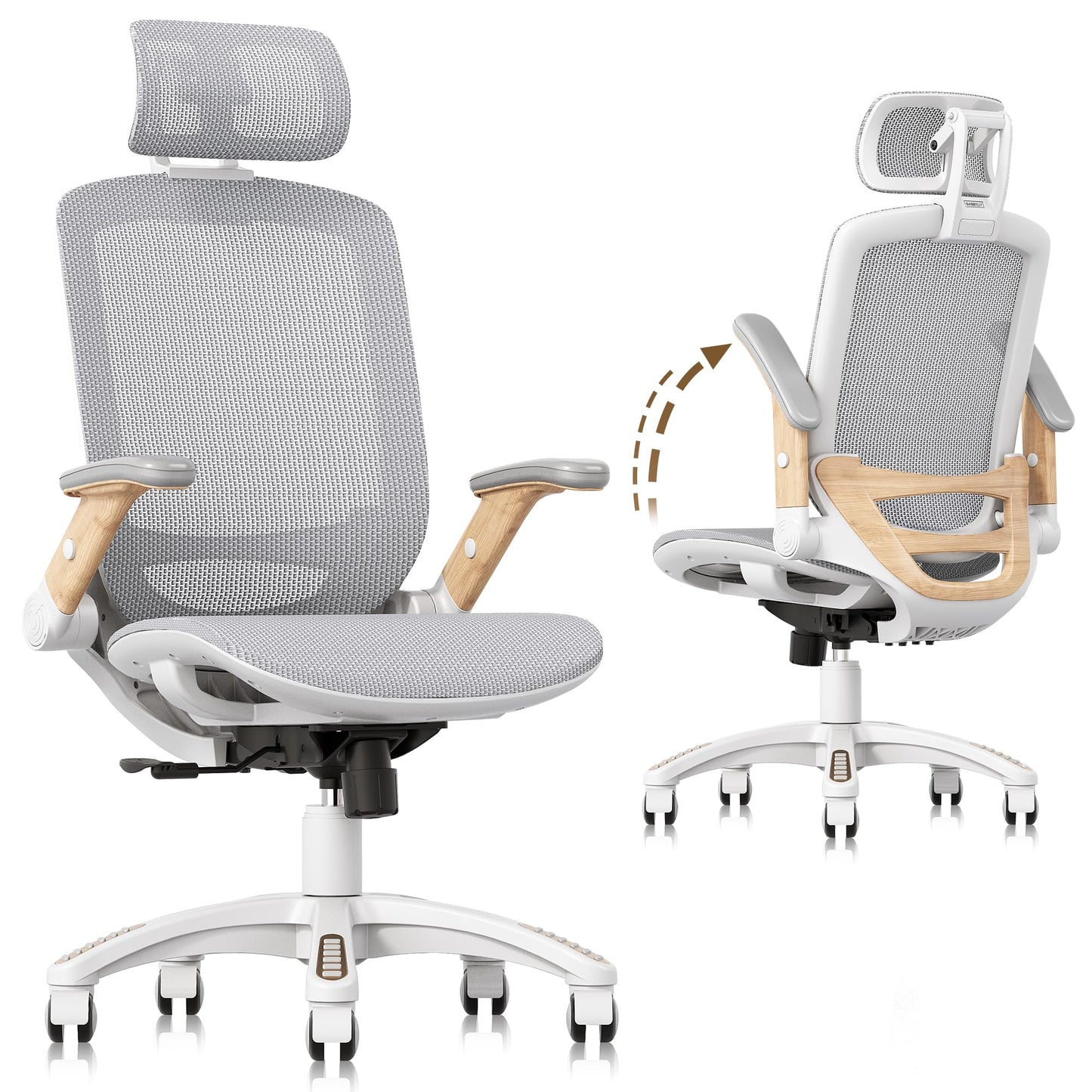 GABRYLLY Ergonomic Office Chair, High Back Mesh Desk Chair with Adjustable Headrest, Flip-Up Arms, Tilt Lock Function, Lumbar Support and Comfy Seat, Swivel Computer Task Chair