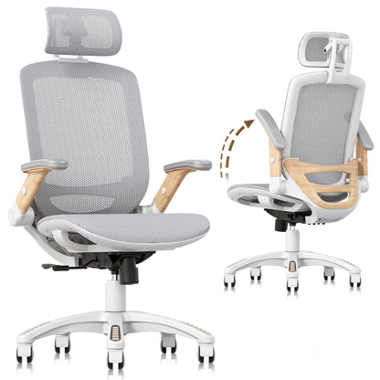 GABRYLLY Ergonomic Office Chair, High Back Mesh Desk Chair with Adjustable Headrest, Flip-Up Arms, Tilt Lock Function, Lumbar Support and Comfy Seat, Swivel Computer Task Chair