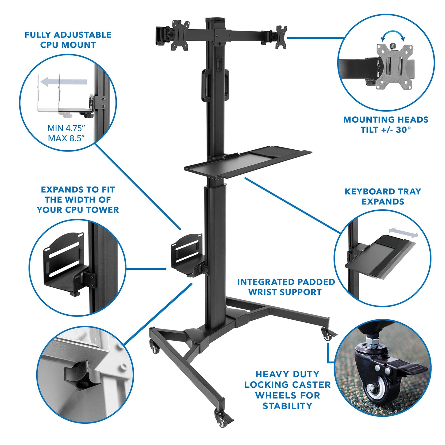 Adjustable Mobile PC Workstation Single Dual Monitor Standing Cart Keyboard Tray CPU Holder Rolling Computer Desk 13–32 Inch Monitor Support