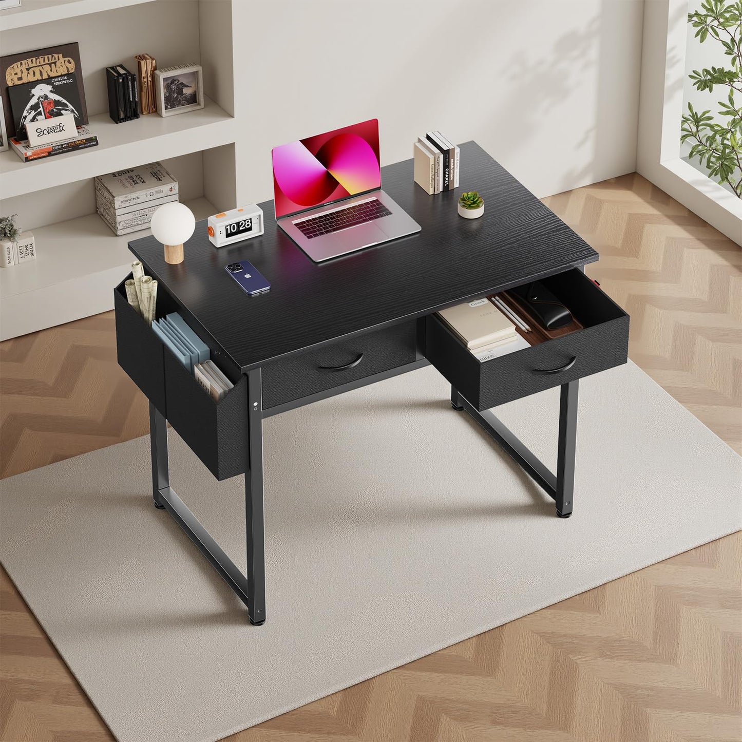 Small Computer Desk with Drawers Storage Bag Headphone Hook Adjustable Feet Home Office Study Gaming Desk