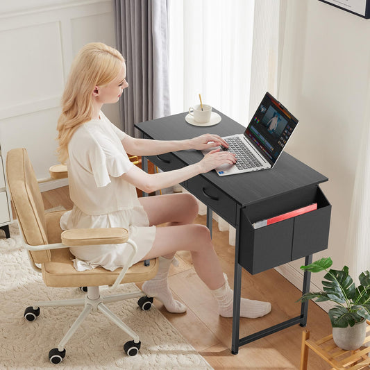 Small Computer Desk with Drawers Storage Bag Headphone Hook Adjustable Feet Home Office Study Gaming Desk