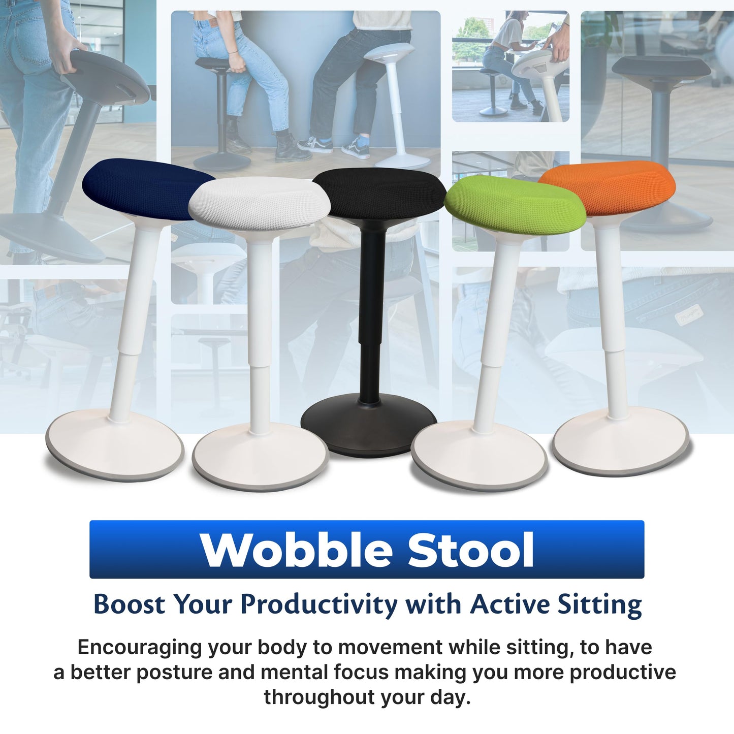 Ergonomic Standing Desk Stool Adjustable Height Swivel Wobble Chair Anti-Slip Rocking Motion Office Classroom Stool