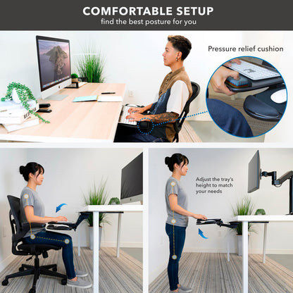 Full Motion Under Desk Keyboard Tray Adjustable Height Tilt Swivel Ergonomic Slide Out Platform with Wrist Rest Drawer Mount Workstation
