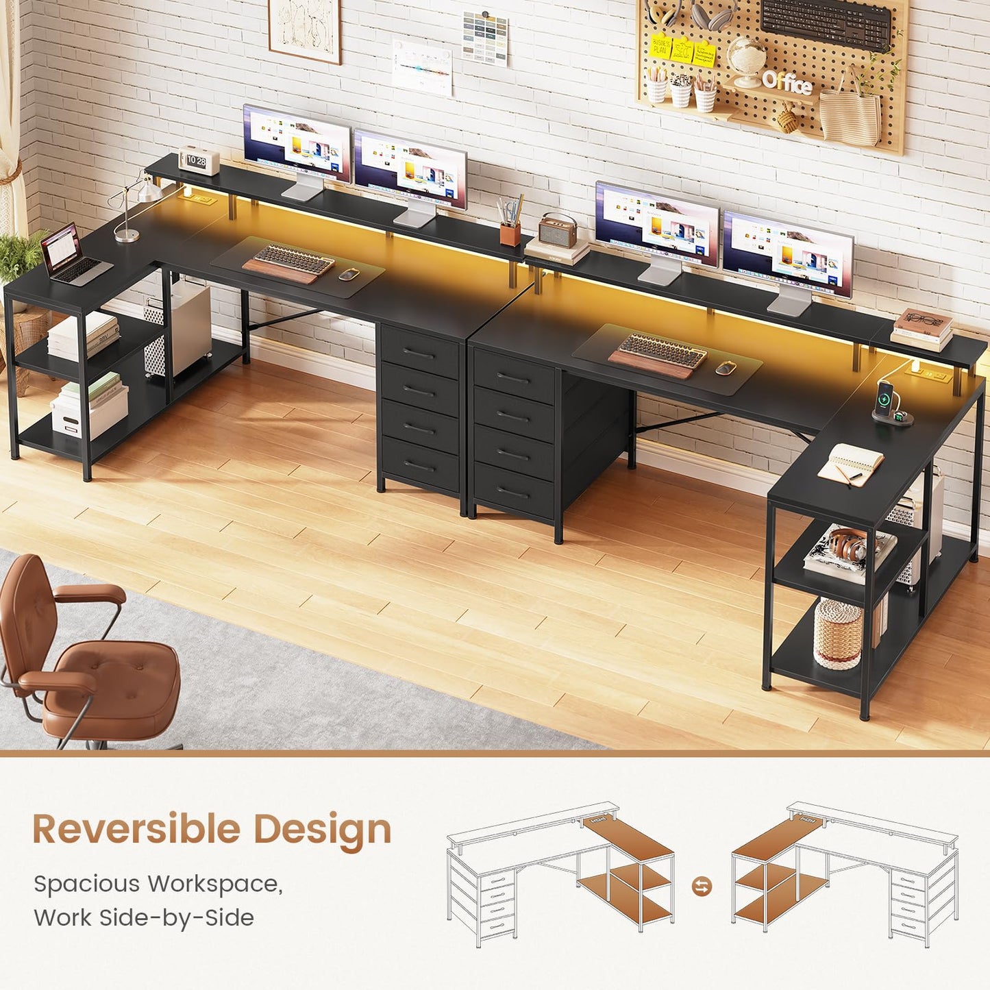 L Shaped Gaming Desk with Storage Drawers LED Lights Power Outlets Corner Home Office Desk Shelves