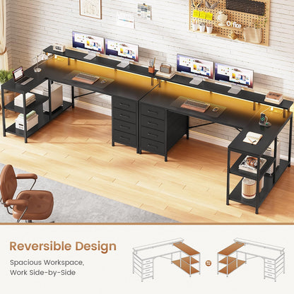 L Shaped Gaming Desk with Storage Drawers LED Lights Power Outlets Corner Home Office Desk Shelves