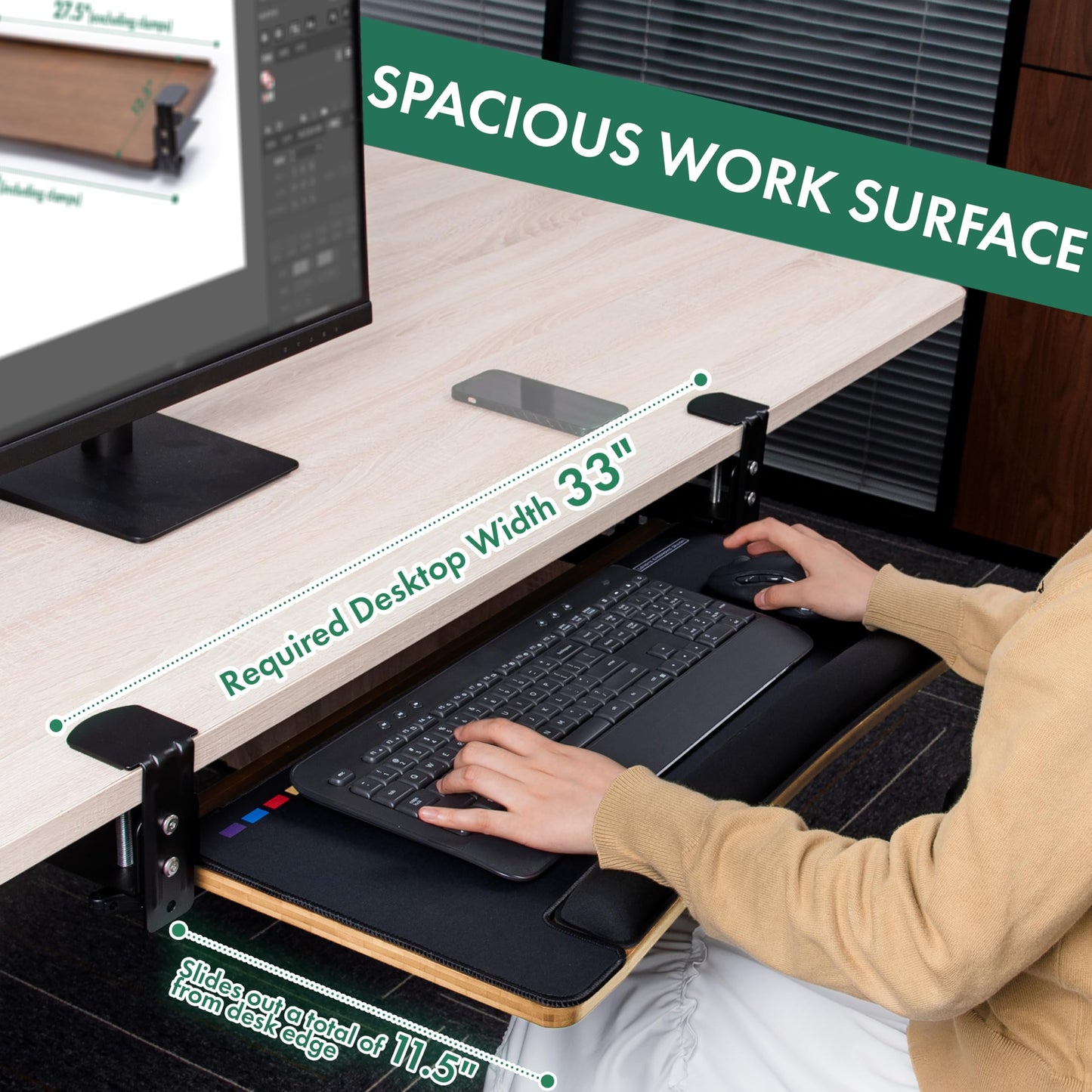 Under Desk Bamboo Keyboard Tray with Wrist Rest Slide Out Keyboard Drawer Mouse Pad Ergonomic Desk Organizer
