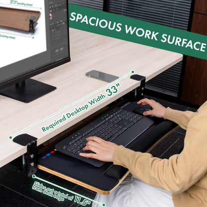Under Desk Bamboo Keyboard Tray with Wrist Rest Slide Out Keyboard Drawer Mouse Pad Ergonomic Desk Organizer