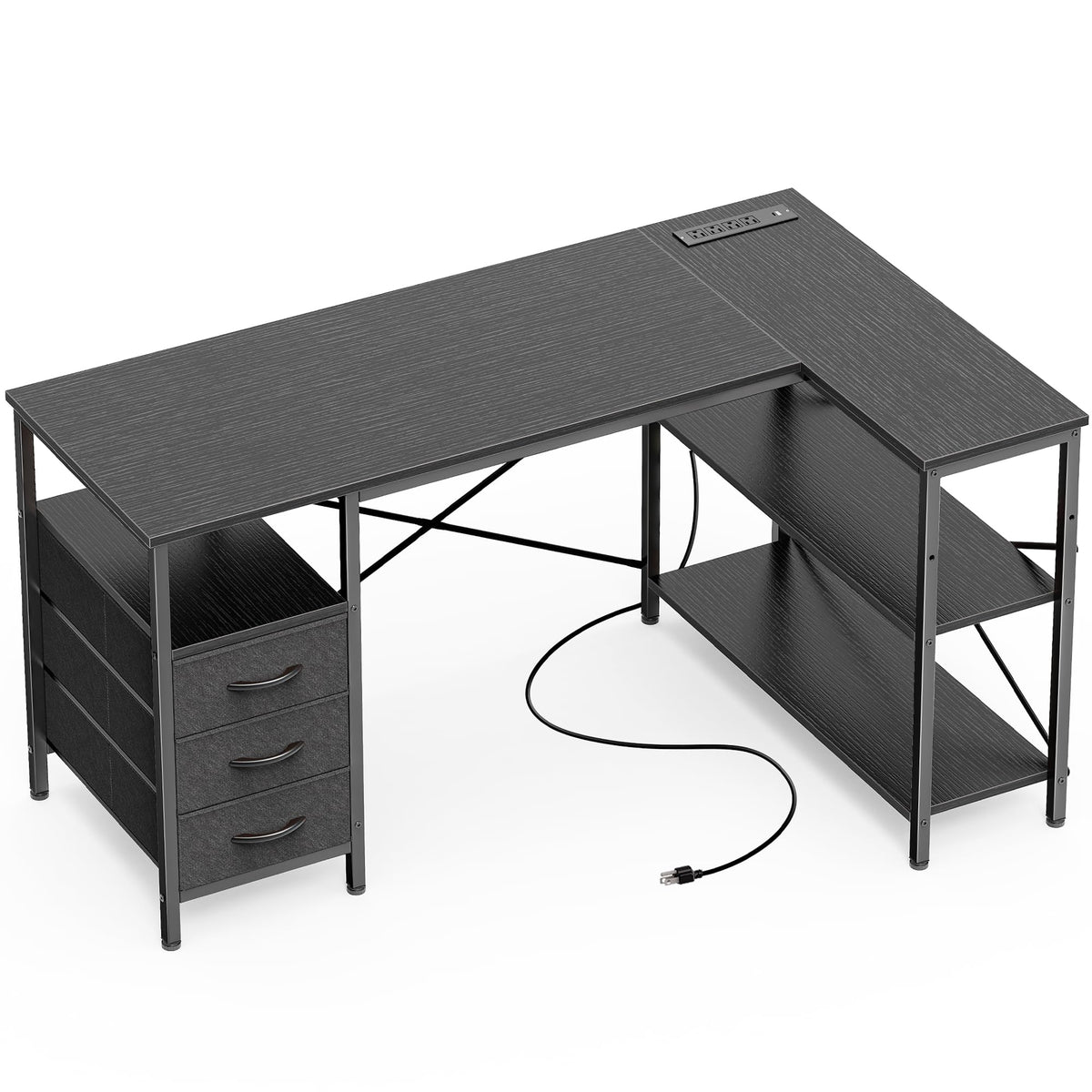 L Shaped Corner Desk with Power Outlets Drawer Shelf Reversible Home Office Computer Desk