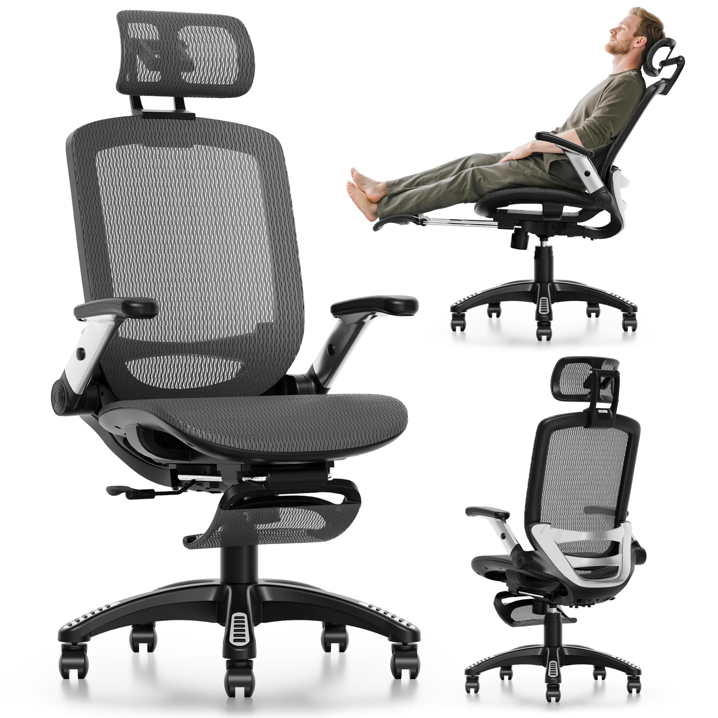 GABRYLLY Ergonomic Office Chair, High Back Mesh Desk Chair with Adjustable Headrest, Flip-Up Arms, Tilt Lock Function, Lumbar Support and Comfy Seat, Swivel Computer Task Chair