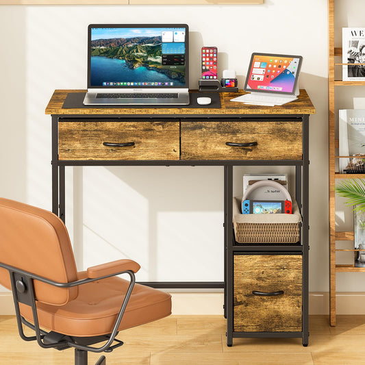 Small Computer Desk with Fabric Drawers Storage Shelf Compact Home Office Study Desk Rustic Brown