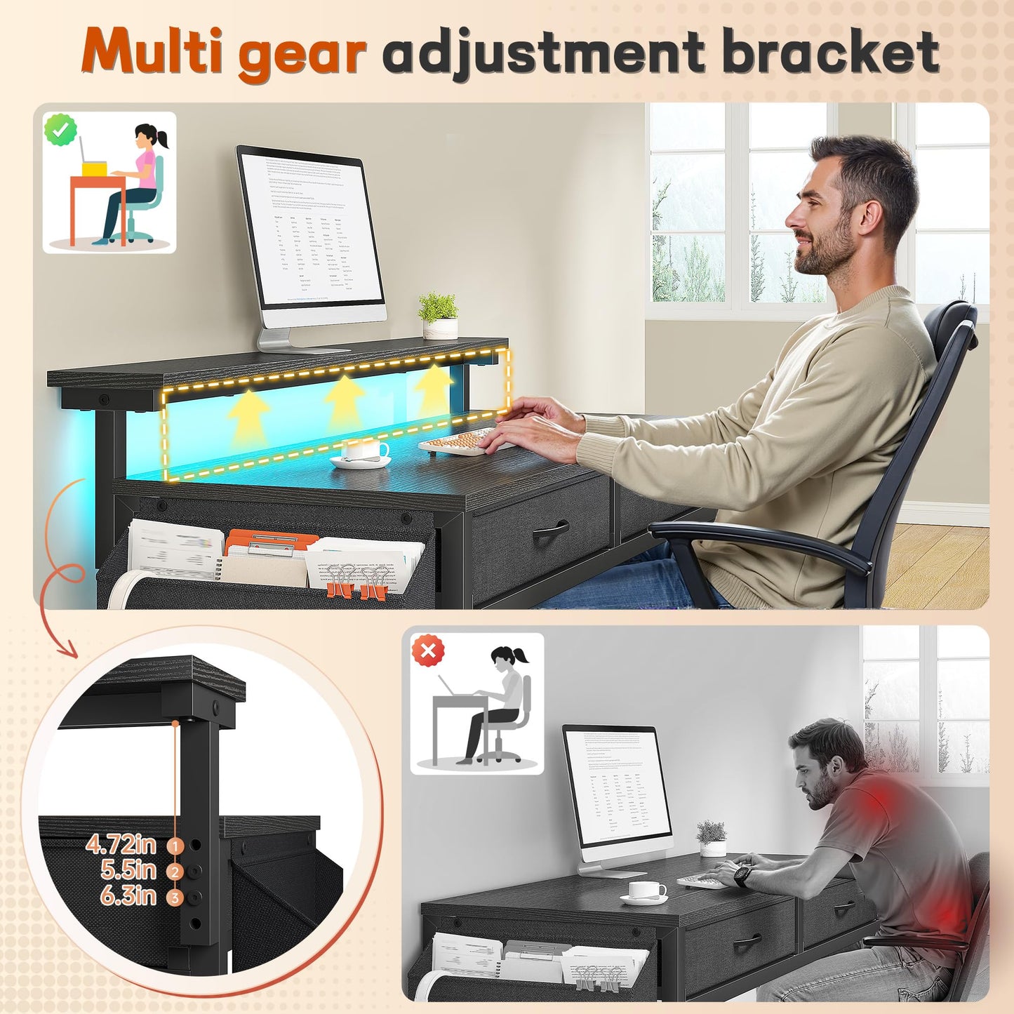 DurayLoly Computer Desk with 2 Drawers & LED Lights