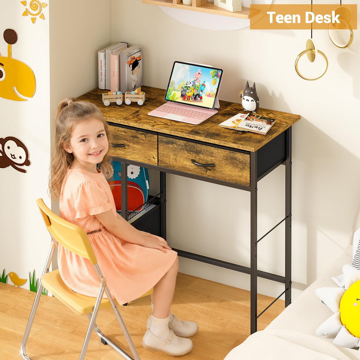 Small Computer Desk with Fabric Drawers Storage Shelf Compact Home Office Study Desk Rustic Brown