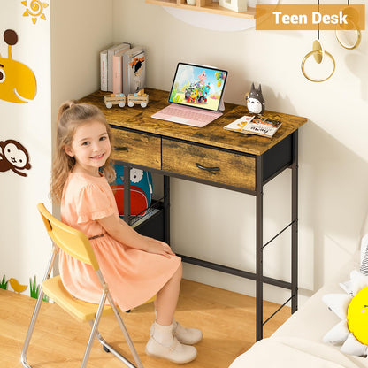 Small Computer Desk with Fabric Drawers Storage Shelf Compact Home Office Study Desk Rustic Brown
