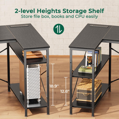 L Shaped Corner Desk with Power Outlets Drawer Shelf Reversible Home Office Computer Desk