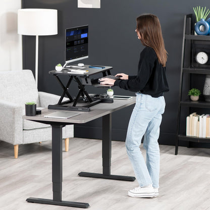 Height Adjustable Desk Converter Sit Stand Workstation Dual Monitor Laptop Riser Wide Keyboard Tray