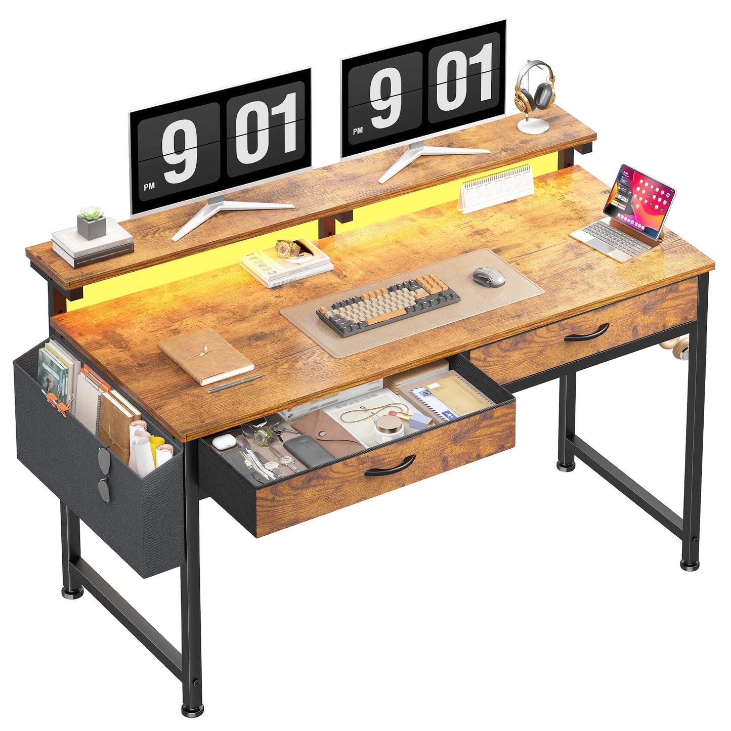DurayLoly Computer Desk with 2 Drawers & LED Lights