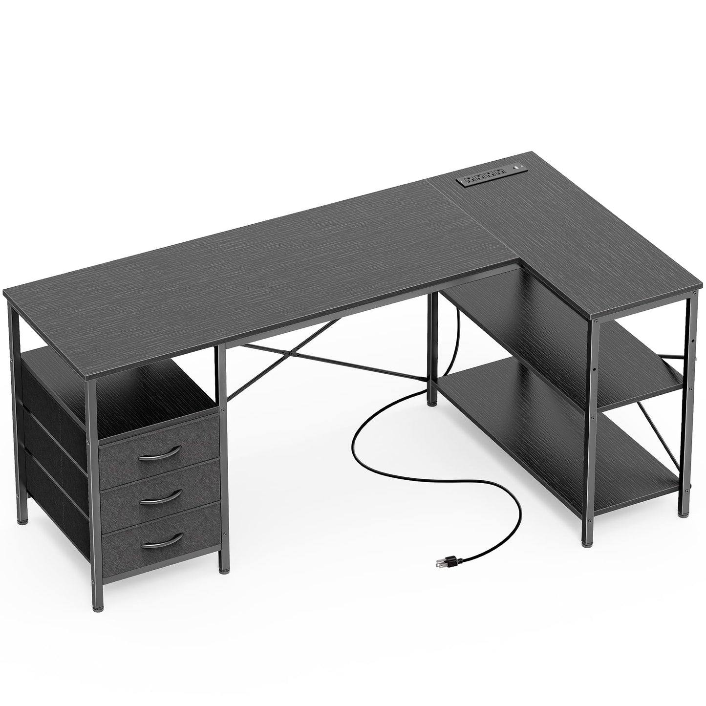L Shaped Corner Desk with Power Outlets Drawer Shelf Reversible Home Office Computer Desk