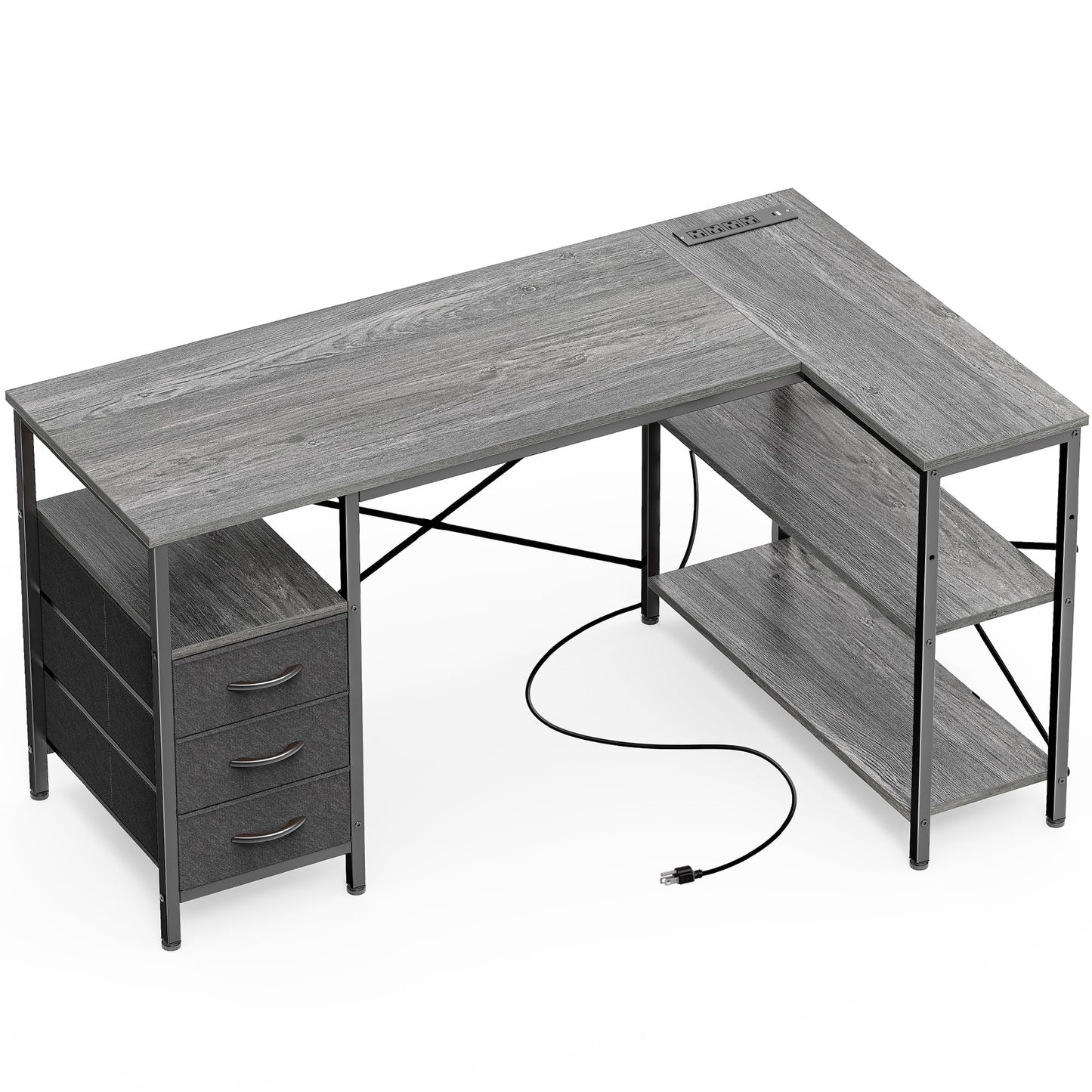 L Shaped Corner Desk with Power Outlets Drawer Shelf Reversible Home Office Computer Desk