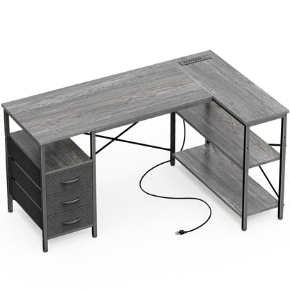 L Shaped Corner Desk with Power Outlets Drawer Shelf Reversible Home Office Computer Desk