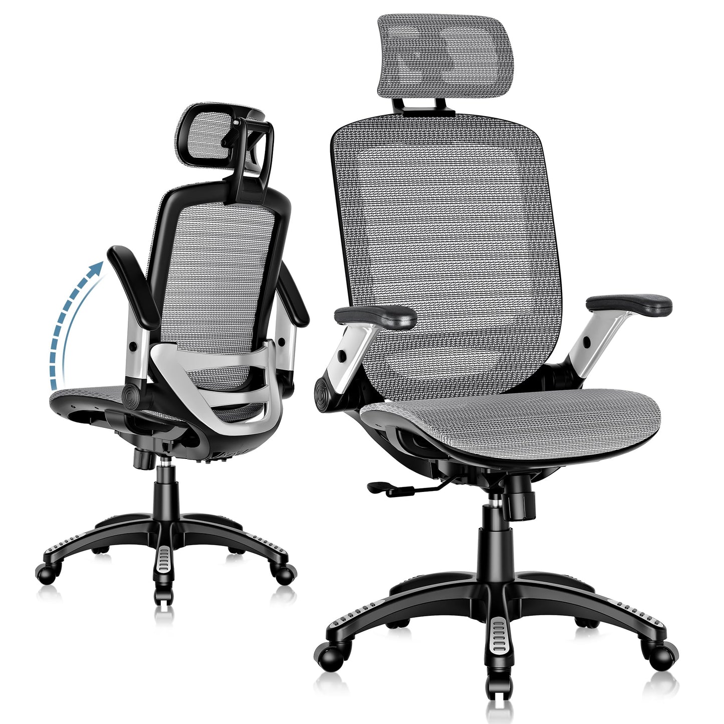 GABRYLLY Ergonomic Office Chair, High Back Mesh Desk Chair with Adjustable Headrest, Flip-Up Arms, Tilt Lock Function, Lumbar Support and Comfy Seat, Swivel Computer Task Chair