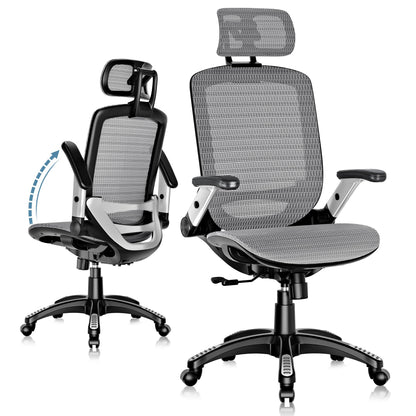 GABRYLLY Ergonomic Office Chair, High Back Mesh Desk Chair with Adjustable Headrest, Flip-Up Arms, Tilt Lock Function, Lumbar Support and Comfy Seat, Swivel Computer Task Chair
