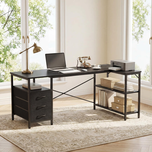 L Shaped Gaming Desk with Shelves Reversible Storage Corner Computer Desk for Gaming Study Writing Home Office