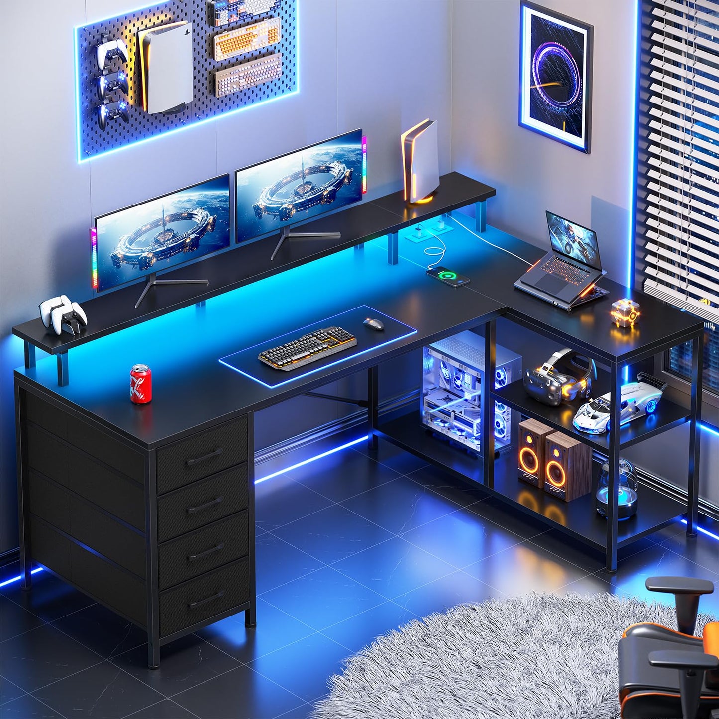 L Shaped Gaming Desk with Storage Drawers LED Lights Power Outlets Corner Home Office Desk Shelves