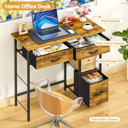Small Computer Desk with Fabric Drawers Storage Shelf Compact Home Office Study Desk Rustic Brown
