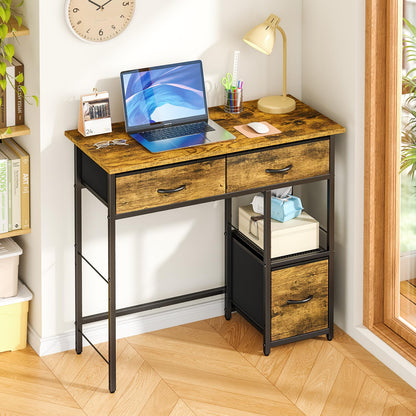 Small Computer Desk with Fabric Drawers Storage Shelf Compact Home Office Study Desk Rustic Brown
