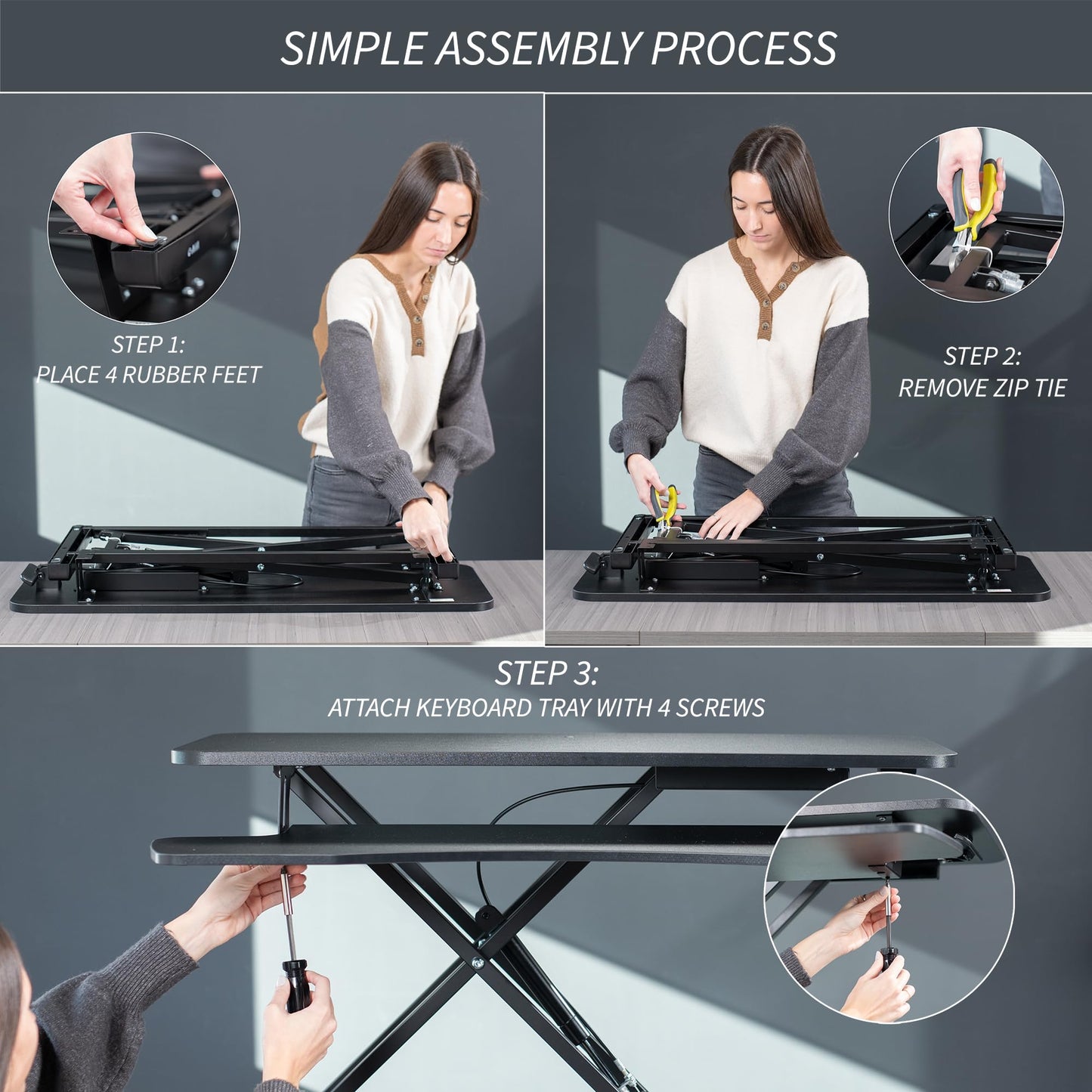 Height Adjustable Desk Converter Sit Stand Workstation Dual Monitor Laptop Riser Wide Keyboard Tray