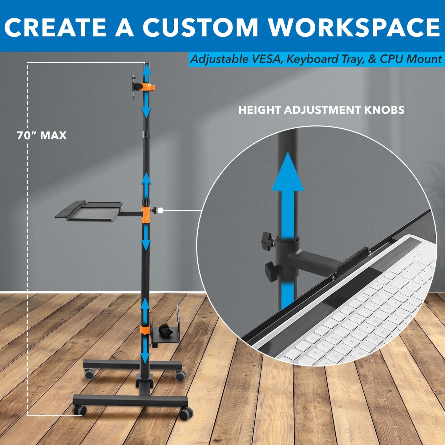 Rolling Mobile Computer Cart Adjustable Monitor Mount Keyboard Tray CPU Holder Standing Workstation Up to 32 Inch Screen