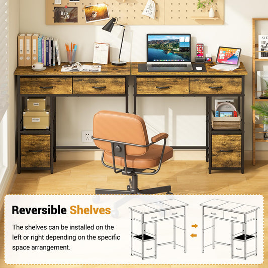 Small Computer Desk with Fabric Drawers Storage Shelf Compact Home Office Study Desk Rustic Brown
