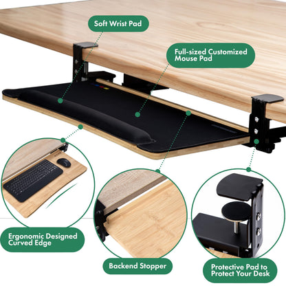 Under Desk Bamboo Keyboard Tray with Wrist Rest Slide Out Keyboard Drawer Mouse Pad Ergonomic Desk Organizer
