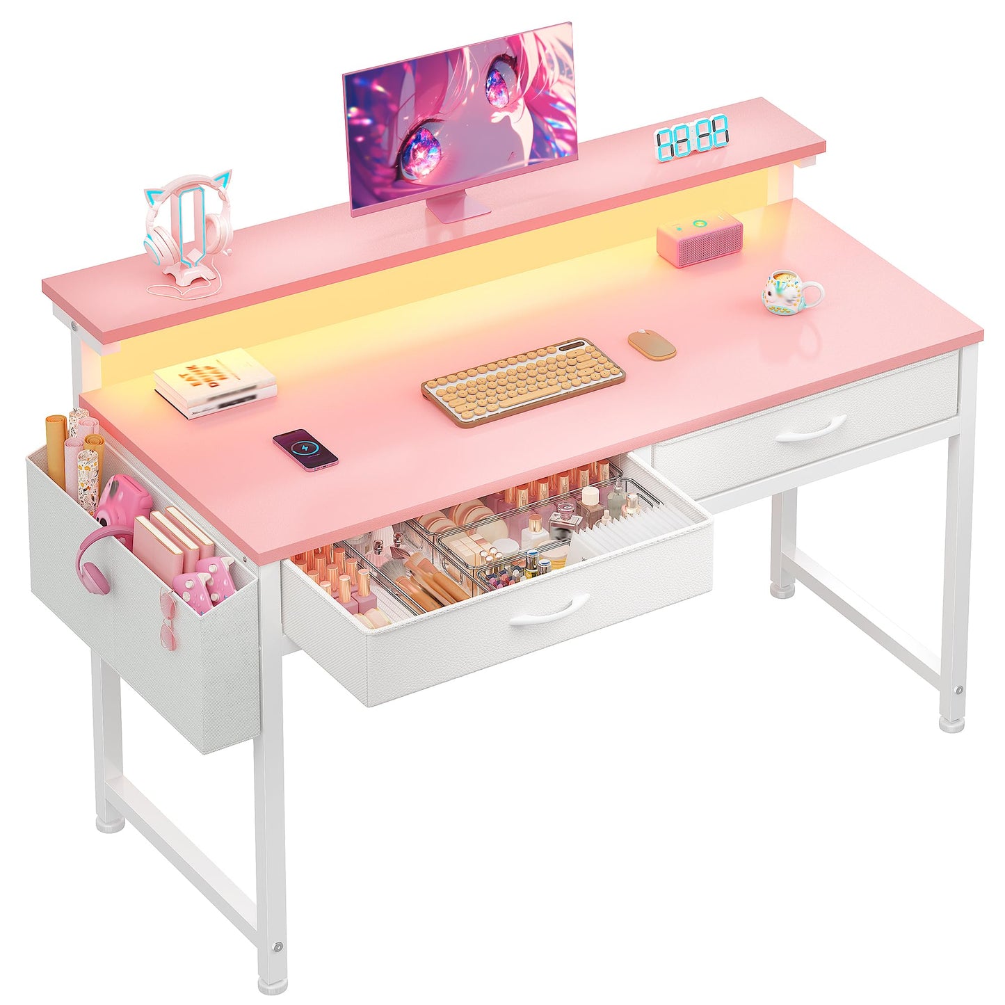 DurayLoly Computer Desk with 2 Drawers & LED Lights