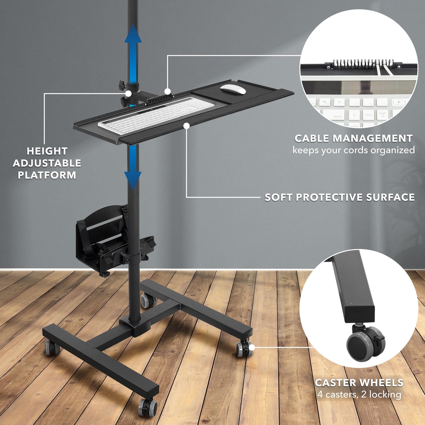 Rolling Mobile Computer Cart Adjustable Monitor Mount Keyboard Tray CPU Holder Standing Workstation Up to 32 Inch Screen
